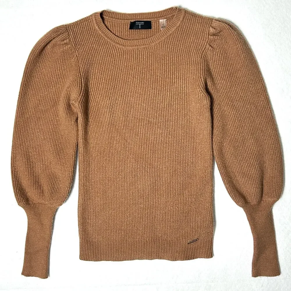 Tahari Sweater Women's Rib Knit Puff Sleeve Fitted Brown Camel Size Small‎